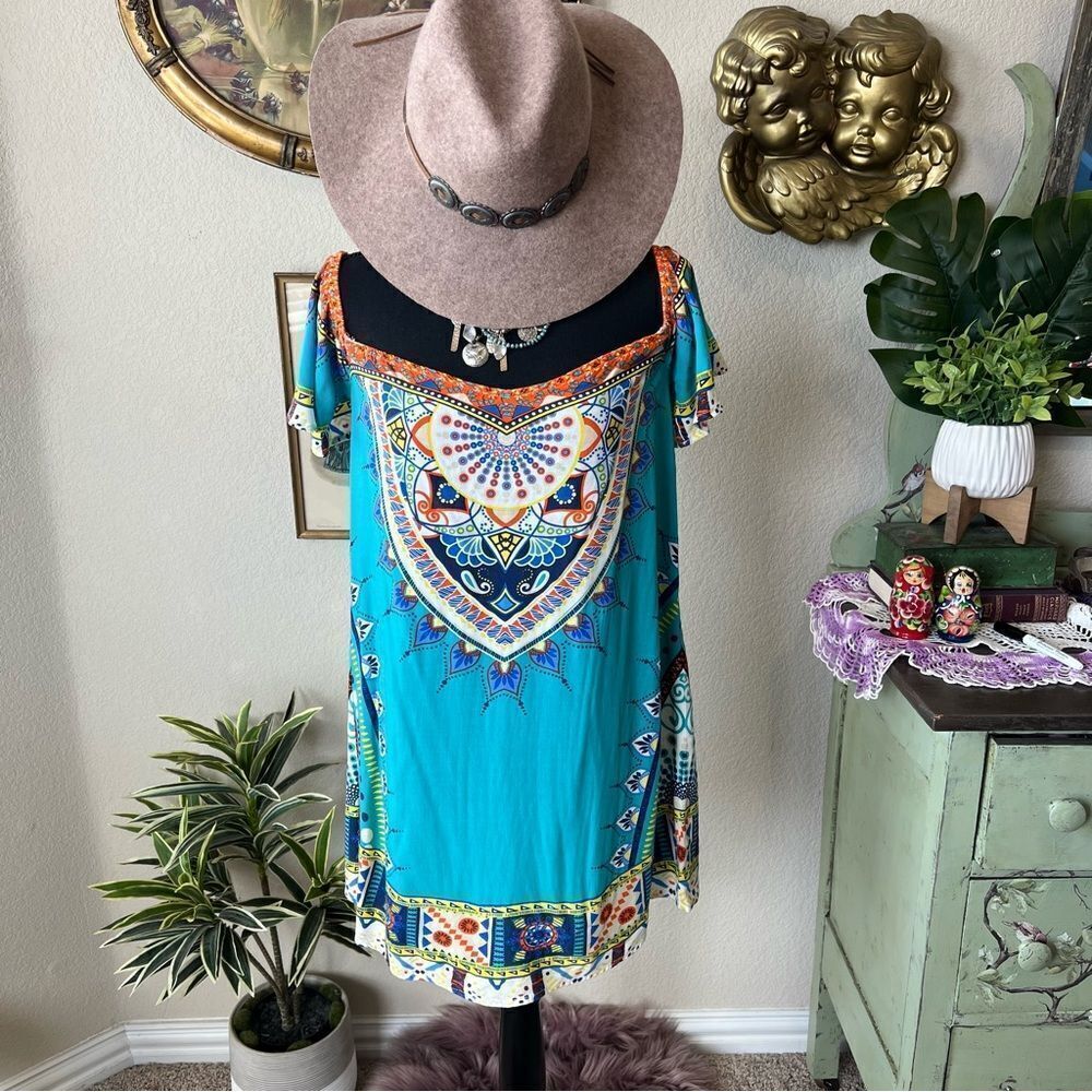 Flying Tomato Aqua Blue Colorful‎ Off Shoulder Boho Southwest Print Mini Dress S
